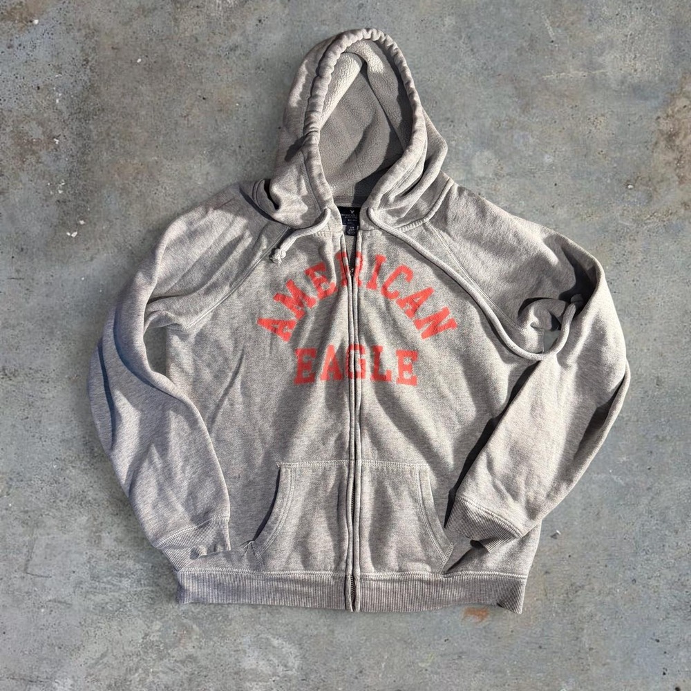 American Eagle Gray Full Zip Graphic Hoodie Spellout Size L Y2K